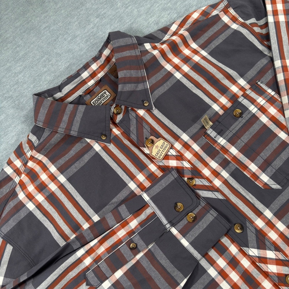 Schmidt Workwear Mens 3XL Plaid Button Down Shirt Grey Orange Easy Grip Buttons